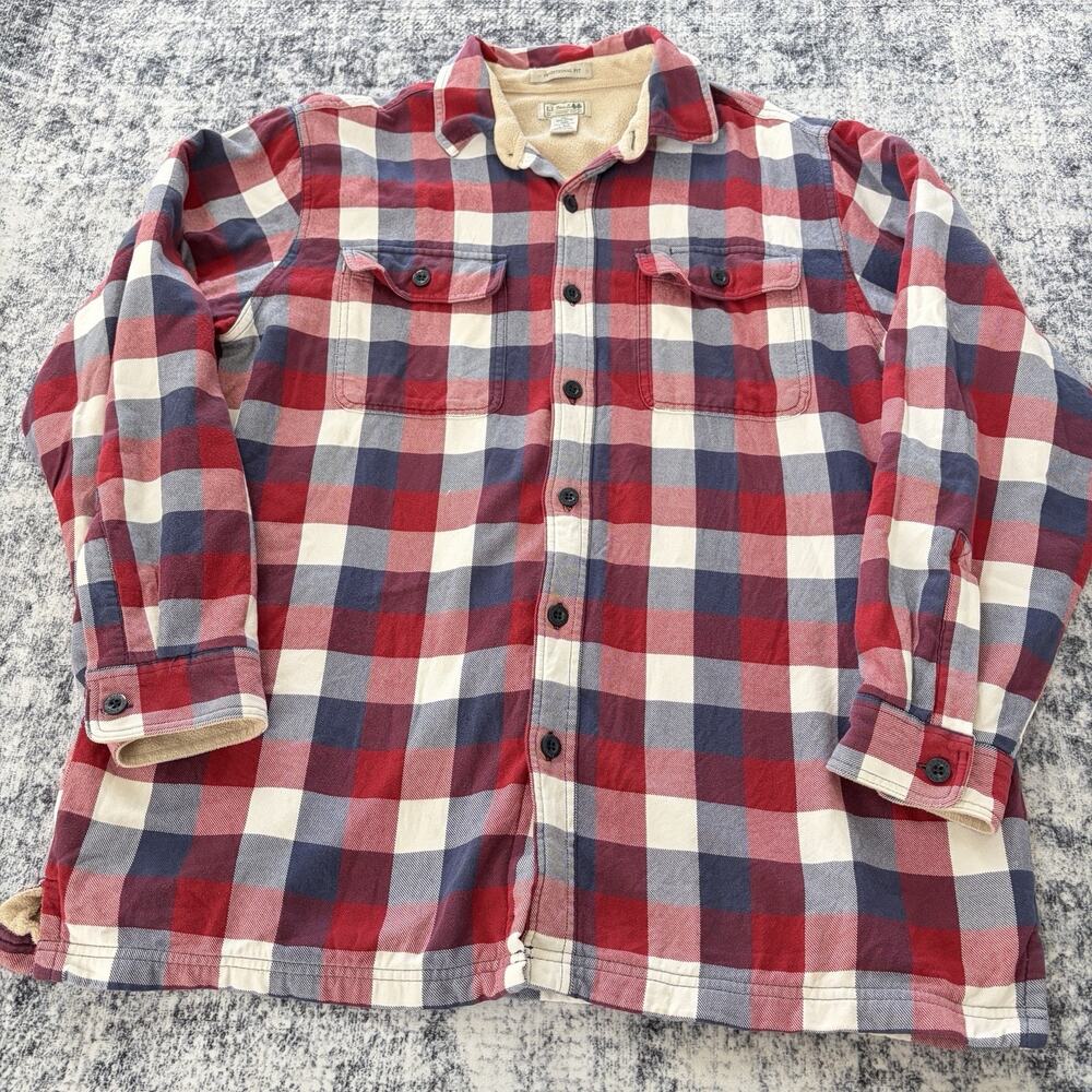 LL Bean Fleece Hoodie Jacket Hoodie Plaid Traditional Fit Red Blue Large Regular